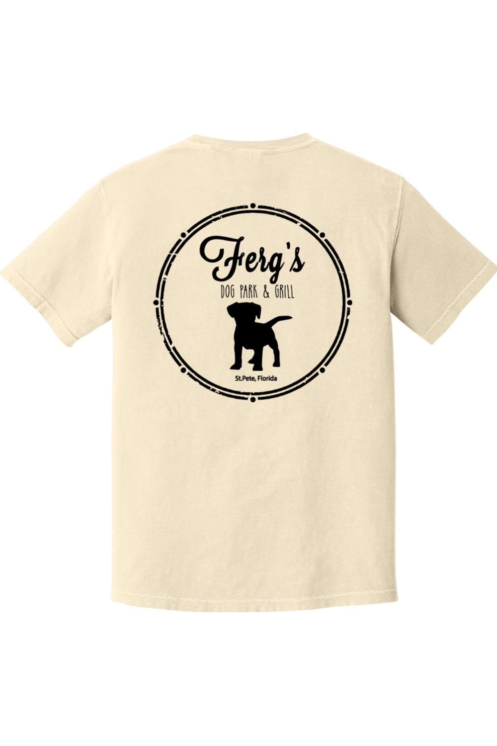 Cream-colored garment-dyed cotton t-shirt featuring a black Ferg's Dog Park logo and puppy silhouette on the back.