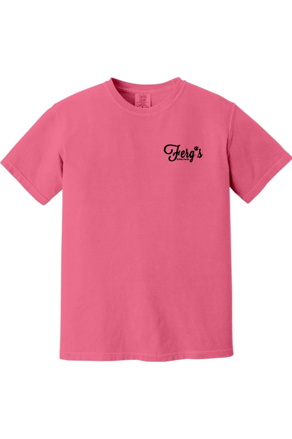 Pink garment-dyed cotton t-shirt with a black Ferg's Dog Park logo on the left chest.