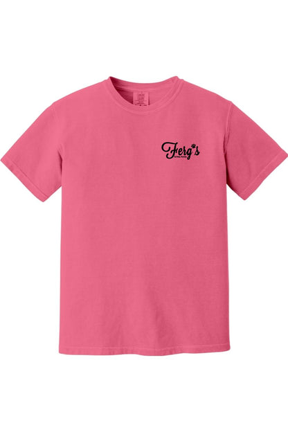 Pink garment-dyed cotton t-shirt with a black Ferg's Dog Park logo on the left chest.