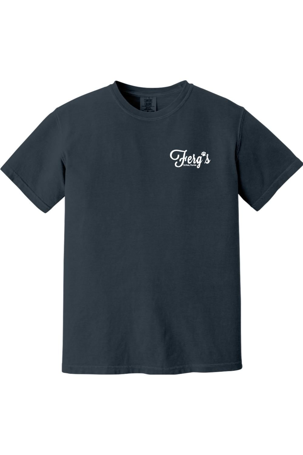 Dark navy garment-dyed cotton t-shirt with a white Ferg's Dog Park logo on the left chest.
