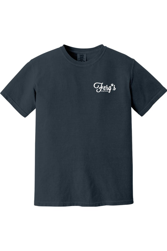 Dark navy garment-dyed cotton t-shirt with a white Ferg's Dog Park logo on the left chest.