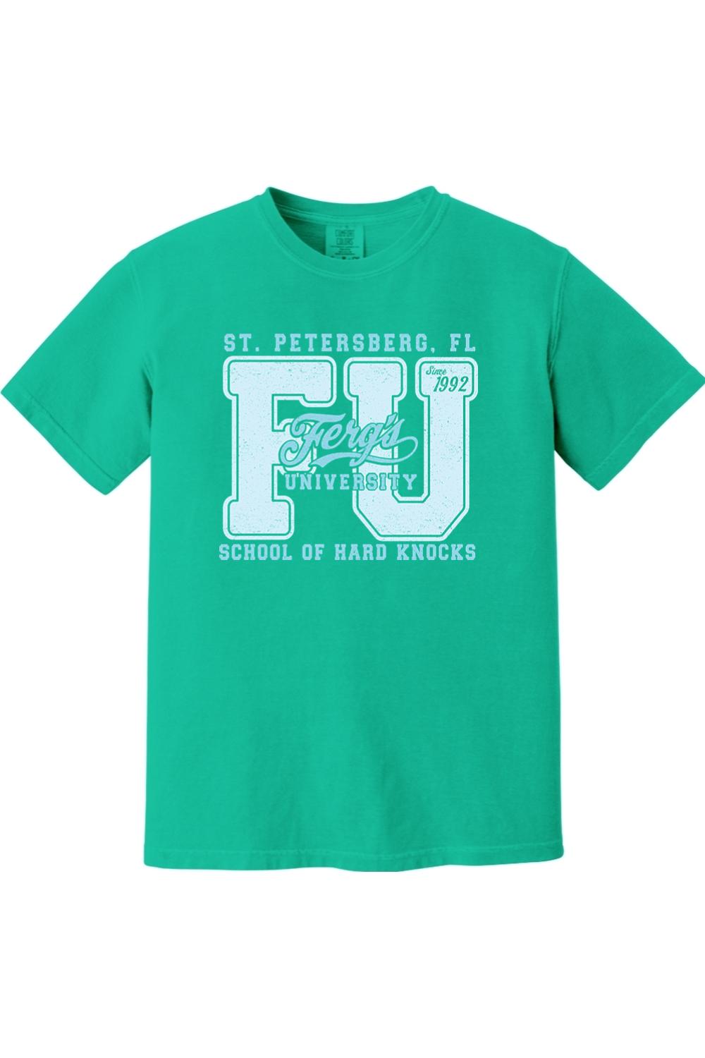 Green Comfort Colors unisex ringspun cotton t-shirt featuring a white Ferg's University graphic print.