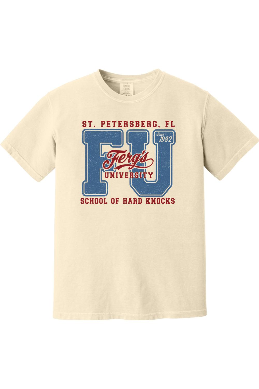 Cream-colored Comfort Colors ringspun cotton t-shirt featuring a blue and red Ferg's University graphic print.