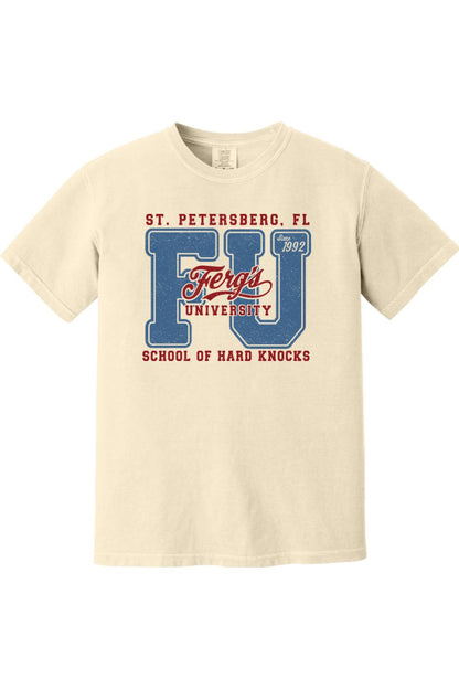 Cream-colored Comfort Colors ringspun cotton t-shirt featuring a blue and red Ferg's University graphic print.