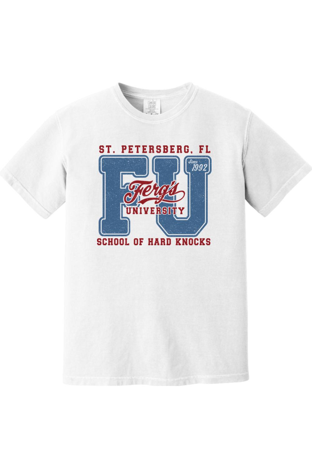 White Comfort Colors cotton t-shirt featuring a blue and red Ferg's University graphic print.