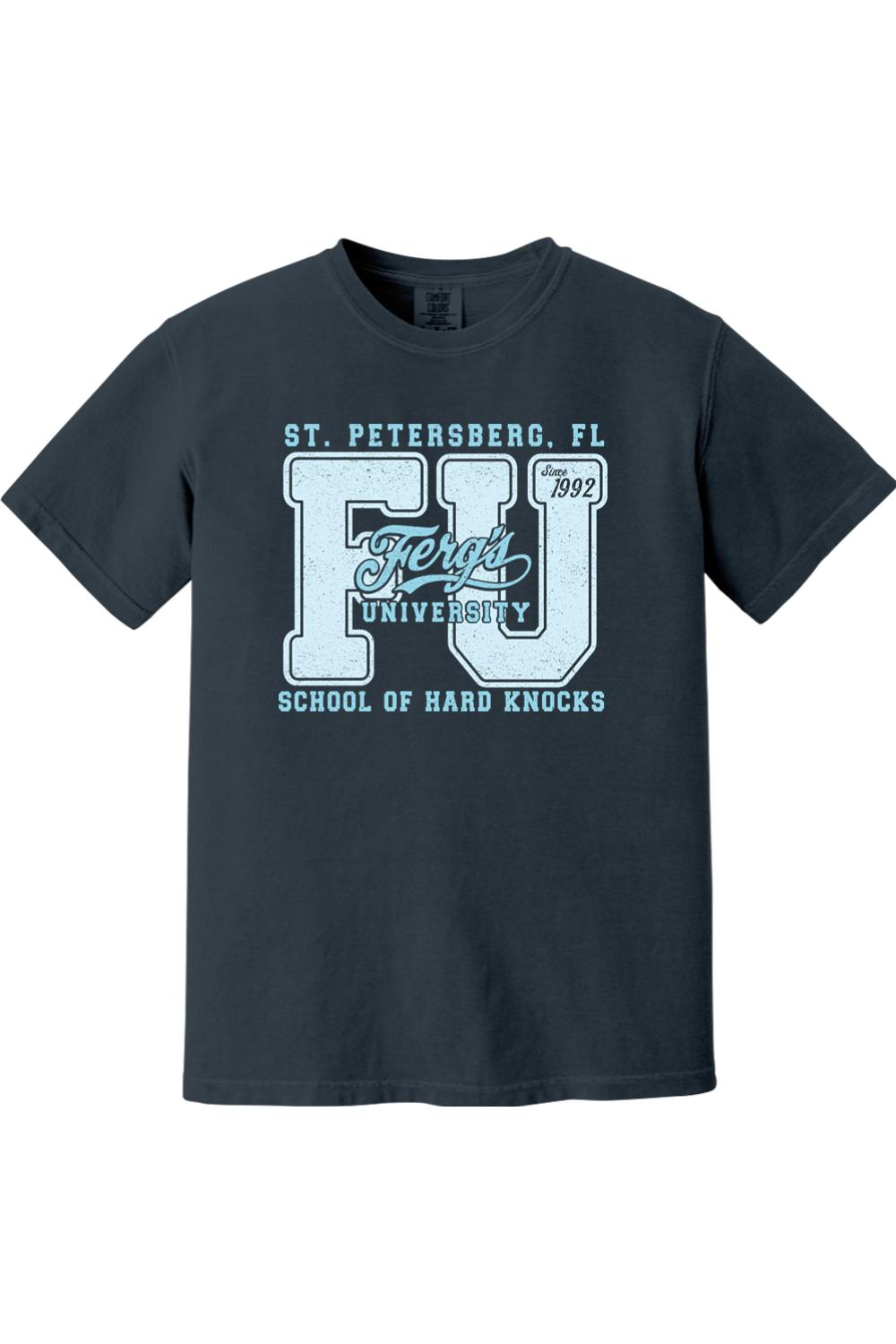 Dark grey Comfort Colors ringspun cotton t-shirt featuring a light blue Ferg's University graphic print.
