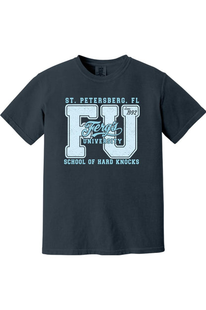 Dark grey Comfort Colors ringspun cotton t-shirt featuring a light blue Ferg's University graphic print.