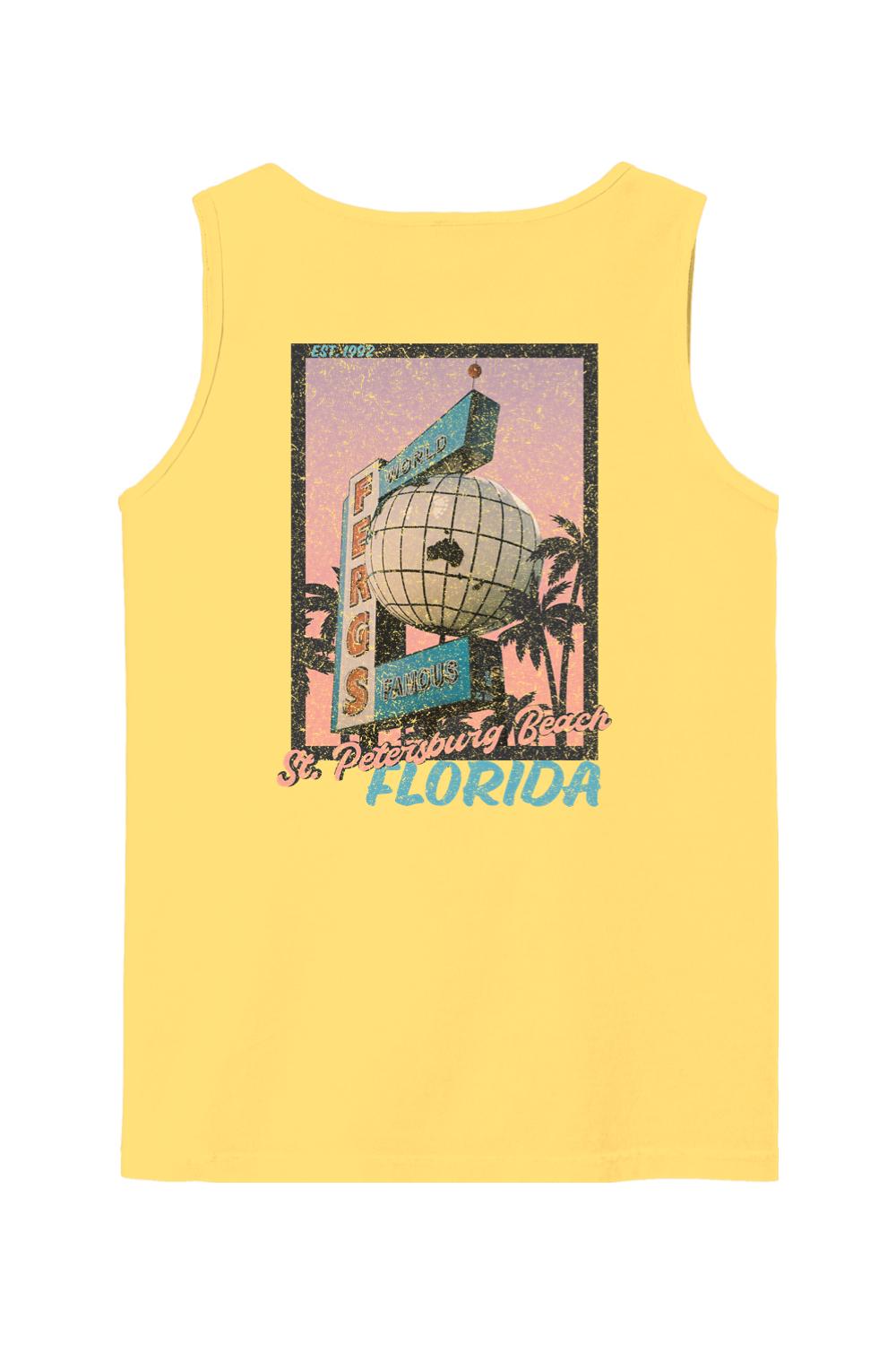 Yellow Comfort Colors tank top featuring a vintage Ferg's St. Pete Beach postcard graphic on the back.