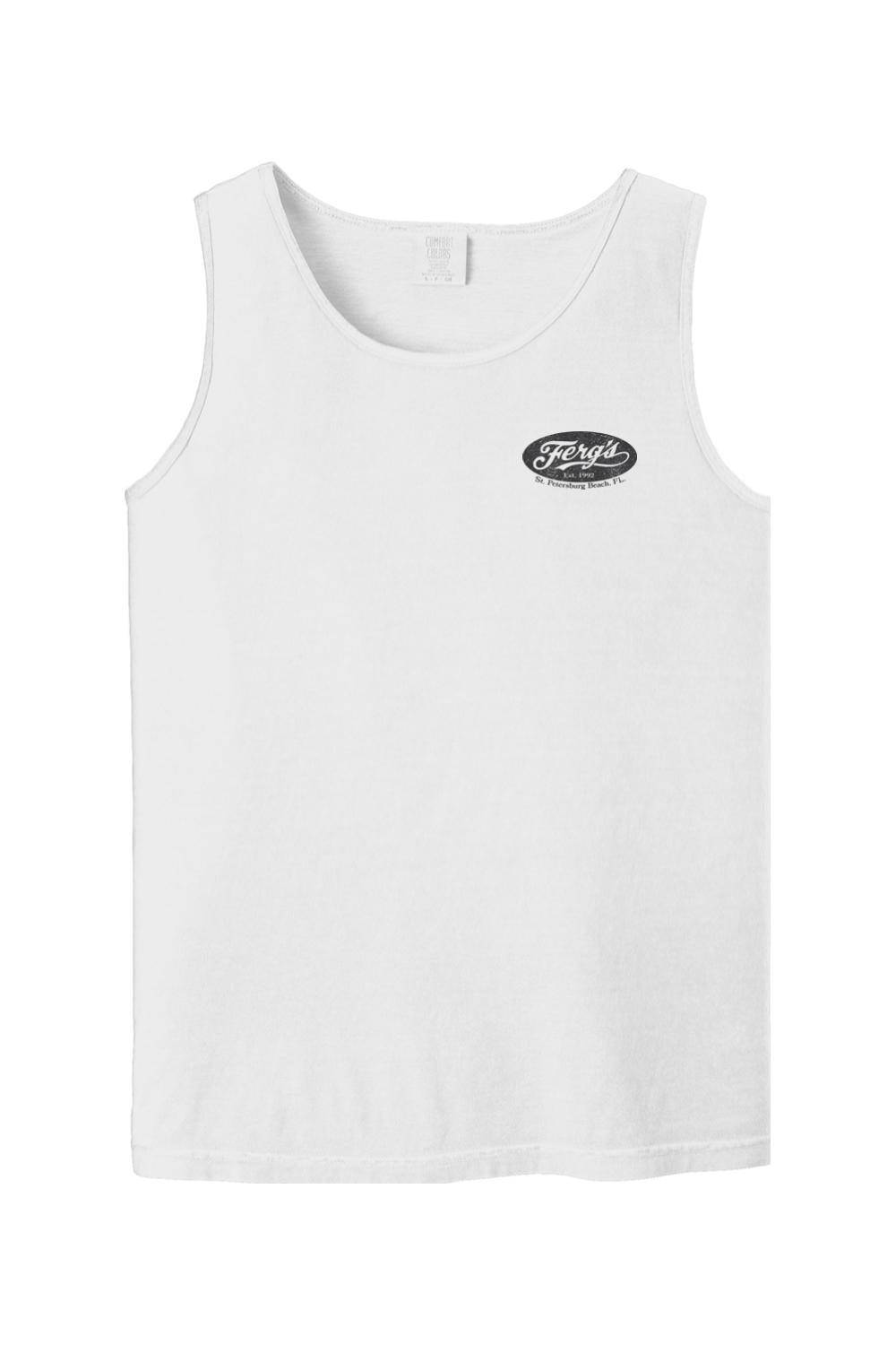 White Comfort Colors tank top featuring a small black Ferg's St. Petersburg Beach logo on the front chest.