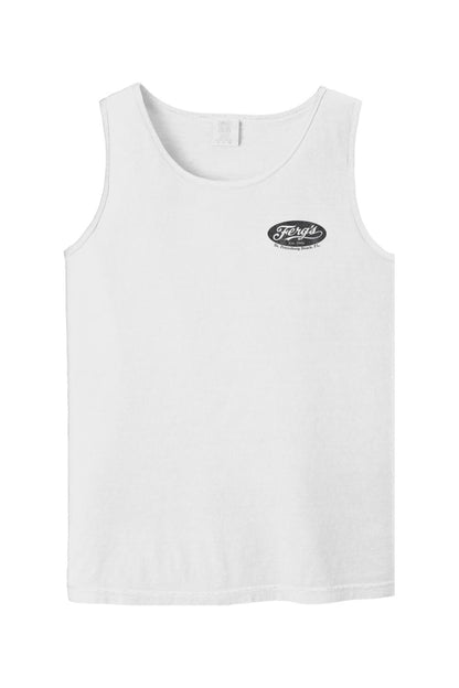 White Comfort Colors tank top featuring a small black Ferg's St. Petersburg Beach logo on the front chest.
