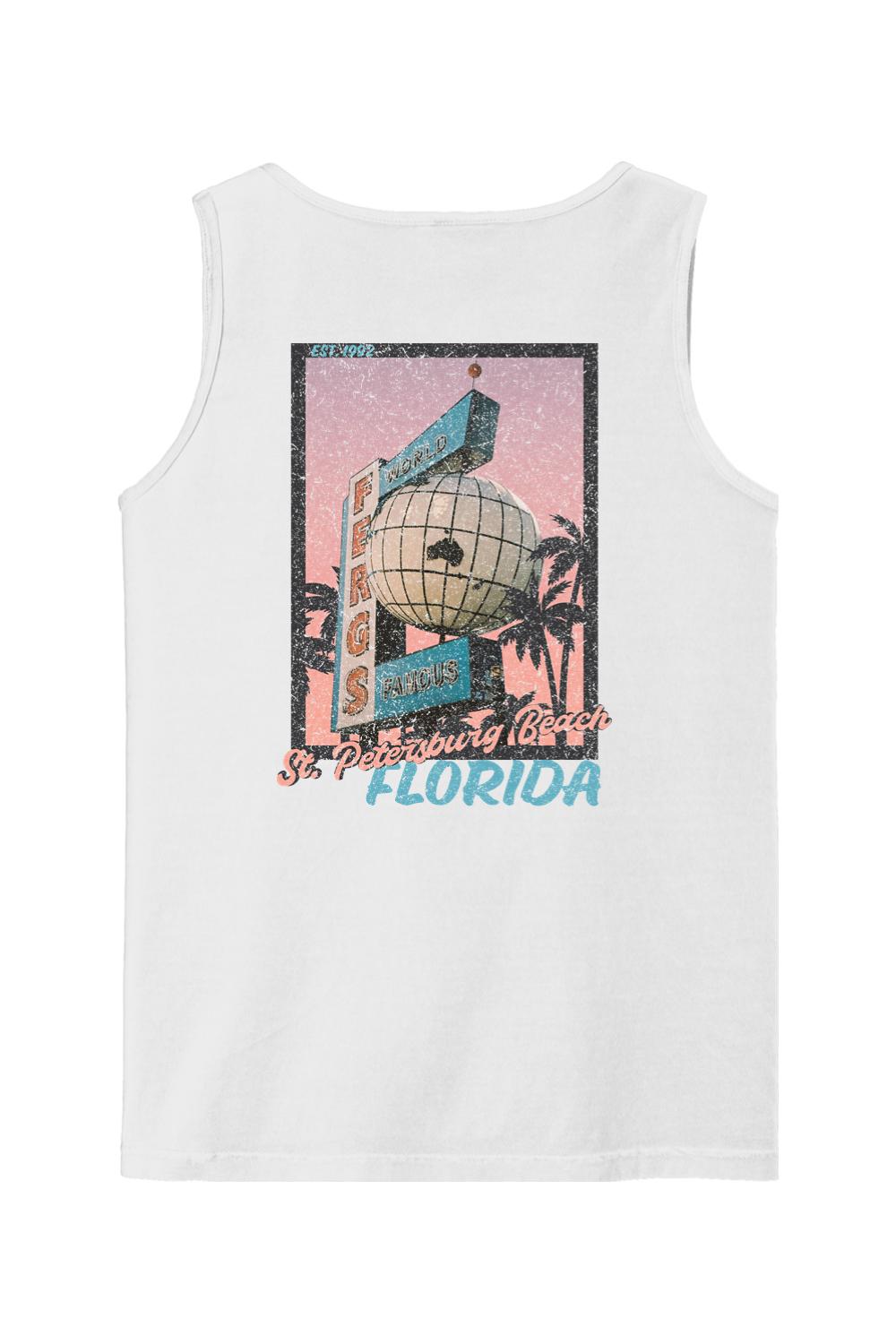 White Comfort Colors cotton tank top featuring a vintage postcard graphic of a Ferg's St. Petersburg Beach sign.