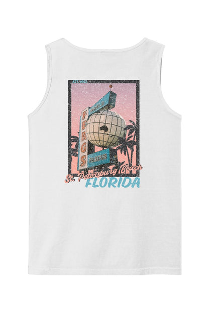 White Comfort Colors cotton tank top featuring a vintage postcard graphic of a Ferg's St. Petersburg Beach sign.