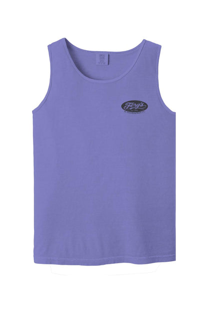 Periwinkle Comfort Colors cotton tank top featuring a small black Ferg's St. Petersburg Beach logo on the chest.