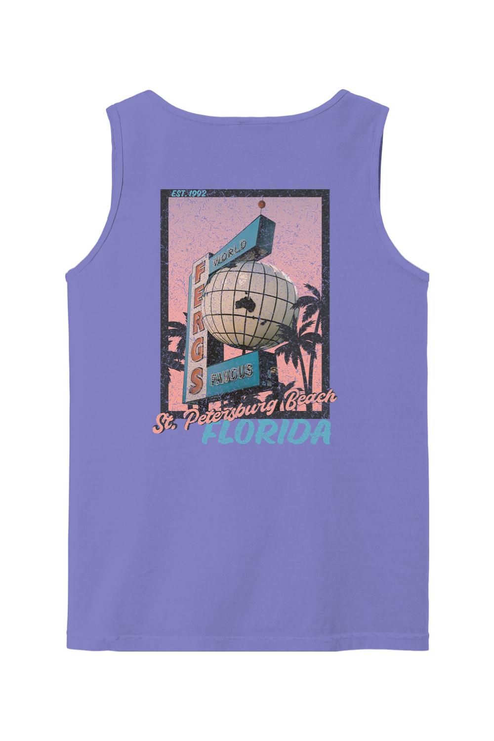 Purple Comfort Colors cotton tank top featuring a vintage Ferg's St. Petersburg Beach postcard graphic on the back.