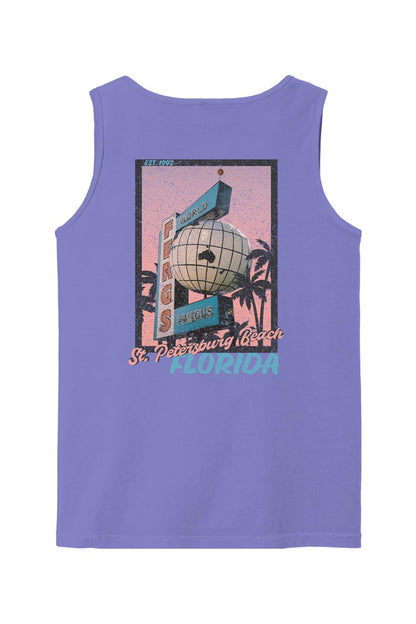 Purple Comfort Colors cotton tank top featuring a vintage Ferg's St. Petersburg Beach postcard graphic on the back.