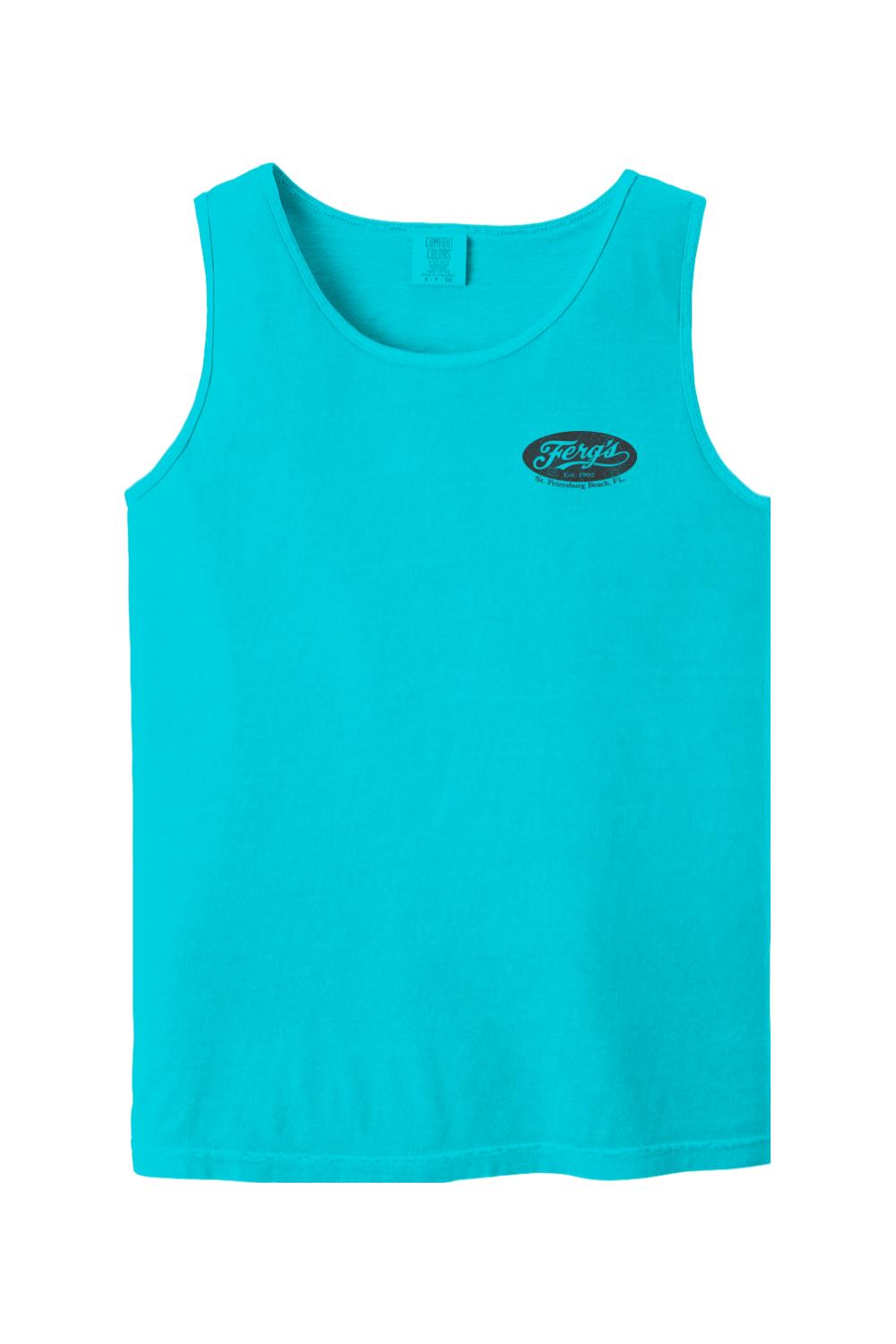 Bright turquoise Comfort Colors cotton tank top with a small black Ferg's logo on the left chest.