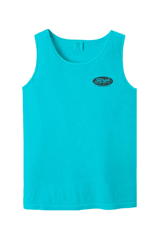 Bright turquoise Comfort Colors cotton tank top with a small black Ferg's logo on the left chest.