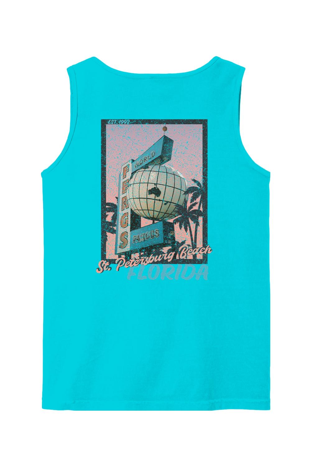 Bright turquoise Comfort Colors tank top featuring a vintage St. Petersburg Beach postcard graphic on the back.