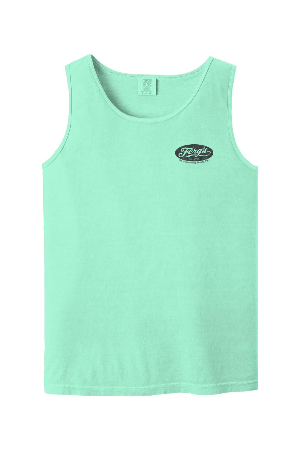 Mint green Comfort Colors cotton tank top featuring a small black Ferg's St. Petersburg Beach logo on the chest.