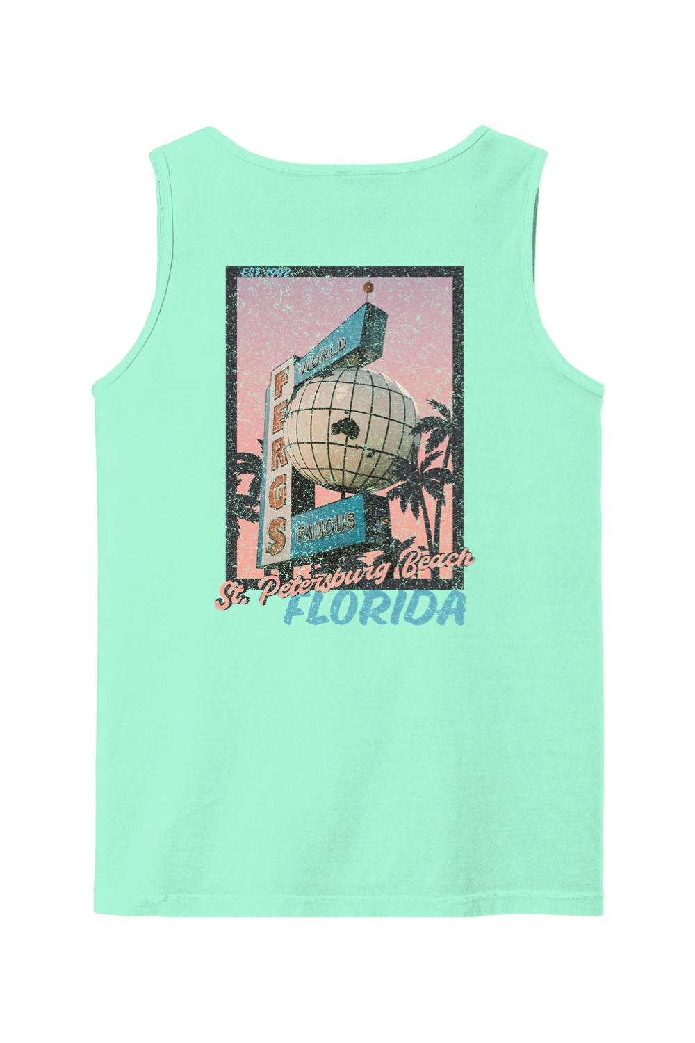 Mint green Comfort Colors tank top featuring a vintage Ferg's St. Petersburg Beach postcard graphic on the back.