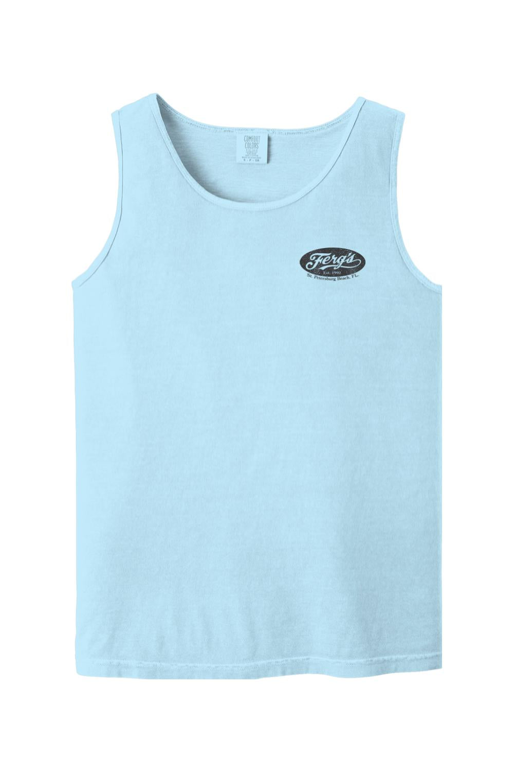 Light blue Comfort Colors cotton tank top with a small black Ferg's St. Petersburg Beach logo on the chest.