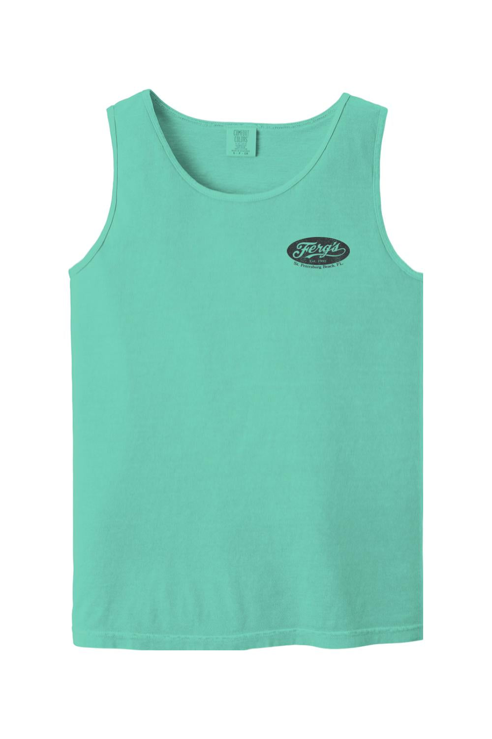 Mint green Comfort Colors cotton tank top with a small Ferg's St. Petersburg Beach logo on the chest.