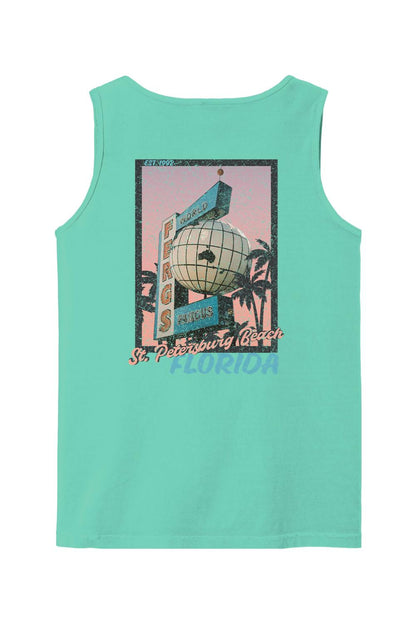 Mint green Comfort Colors tank top featuring a vintage Ferg's St. Petersburg Beach postcard graphic on the back.