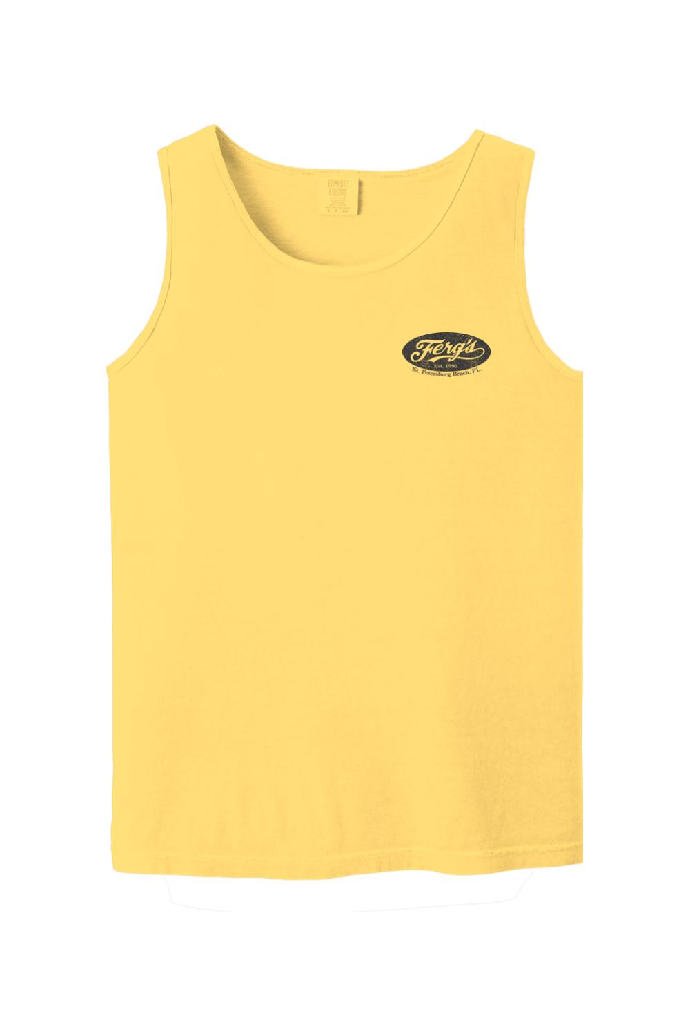 Yellow Comfort Colors cotton tank top with a small Ferg's St. Pete Beach logo on the front chest.