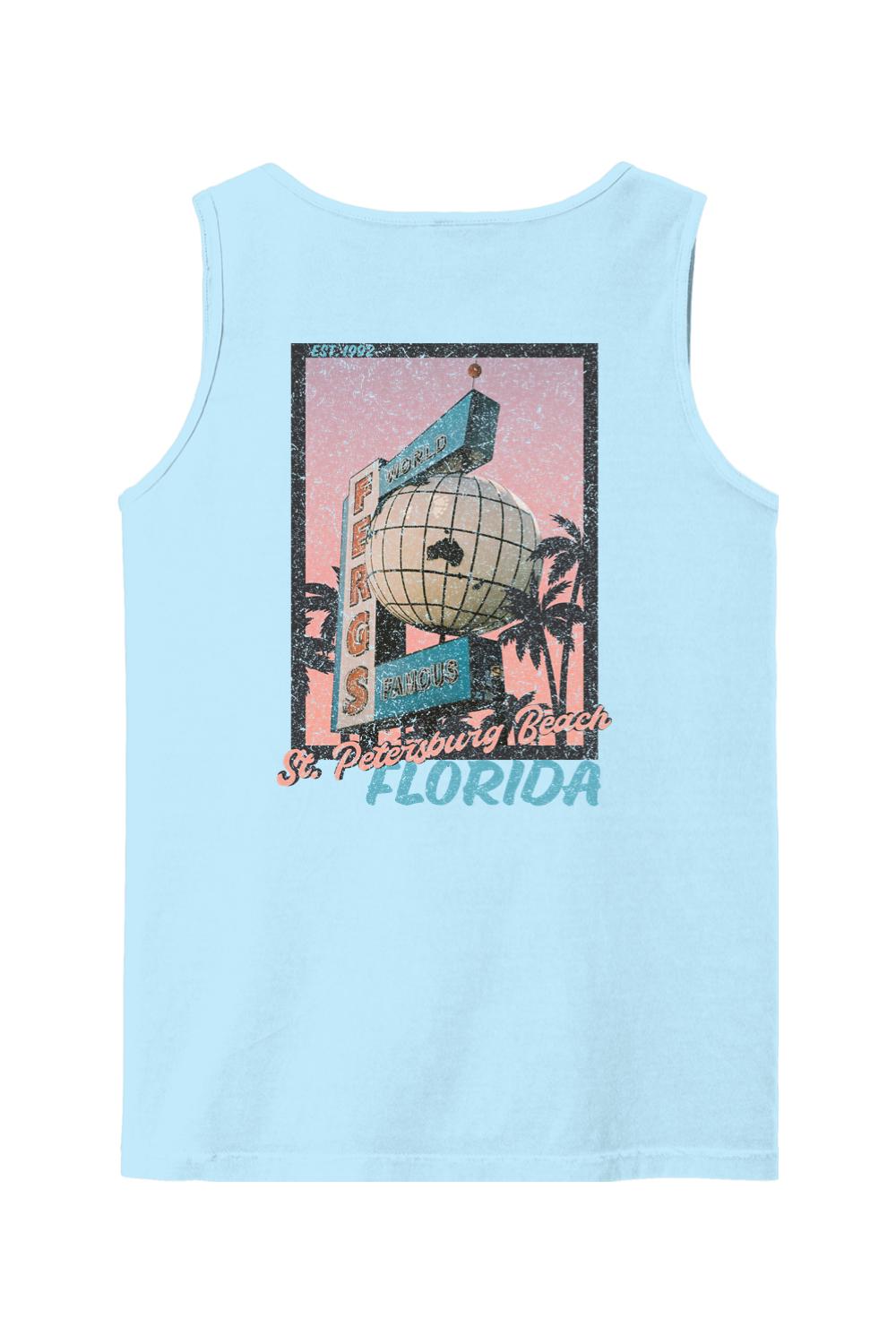 Light blue Comfort Colors cotton tank top featuring a vintage Ferg's St. Petersburg Beach postcard graphic on the back.