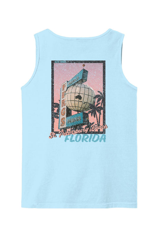 Light blue Comfort Colors cotton tank top featuring a vintage Ferg's St. Petersburg Beach postcard graphic on the back.