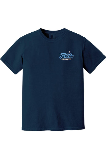 Navy blue Comfort Colors crew neck t-shirt featuring a small Ferg's Sports Bar logo on the left chest.