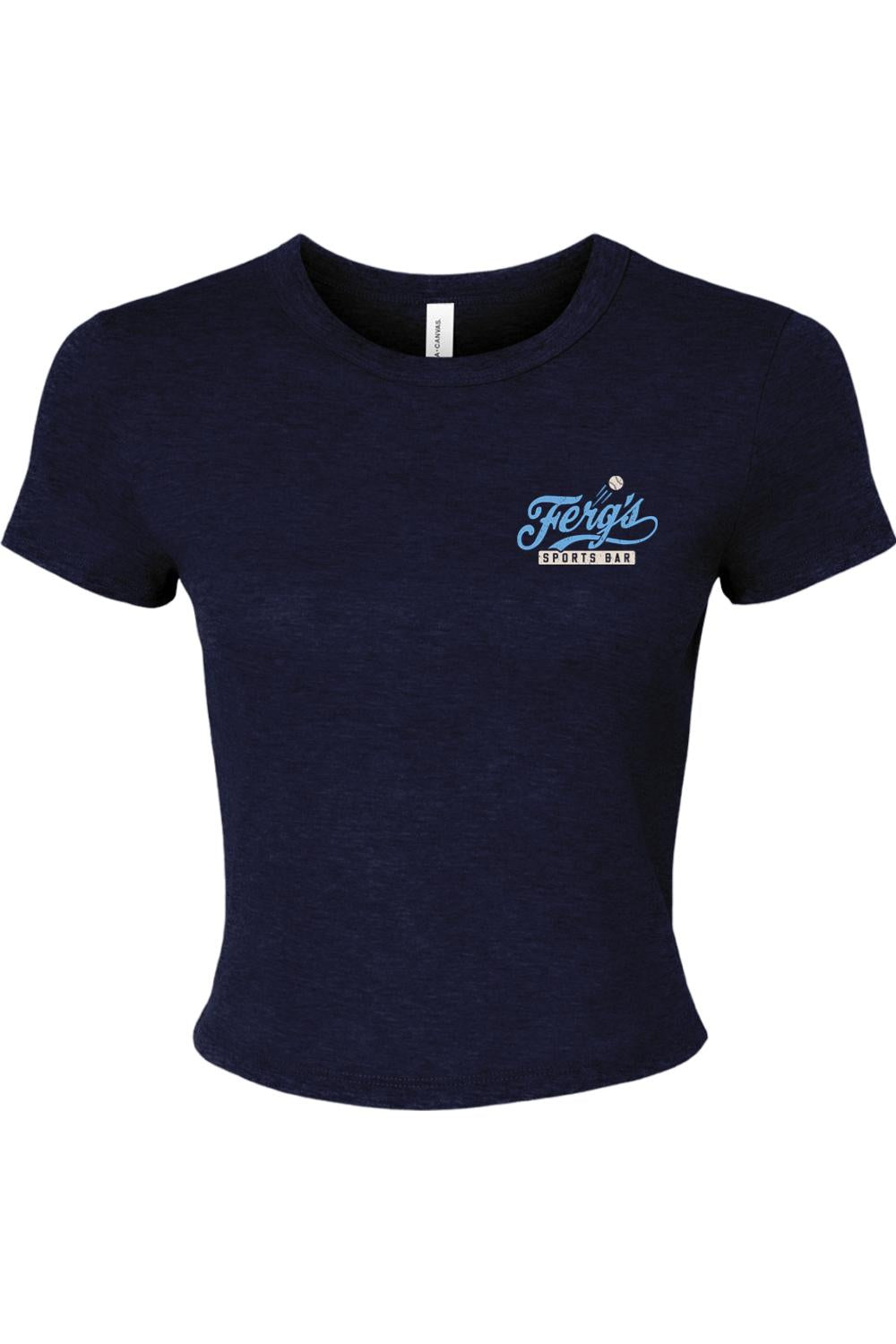 Navy blue fitted micro rib baby tee for women featuring a small Ferg's Sports Bar logo on the chest.