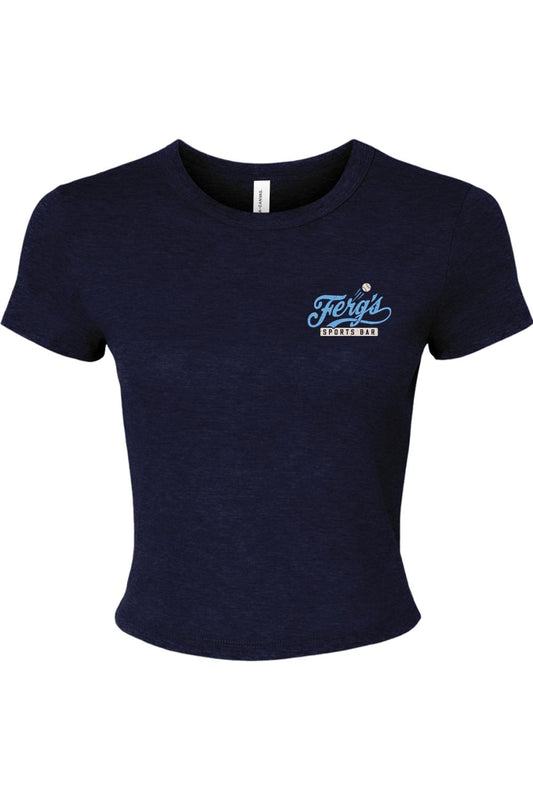 Navy blue fitted micro rib baby tee for women featuring a small Ferg's Sports Bar logo on the chest.