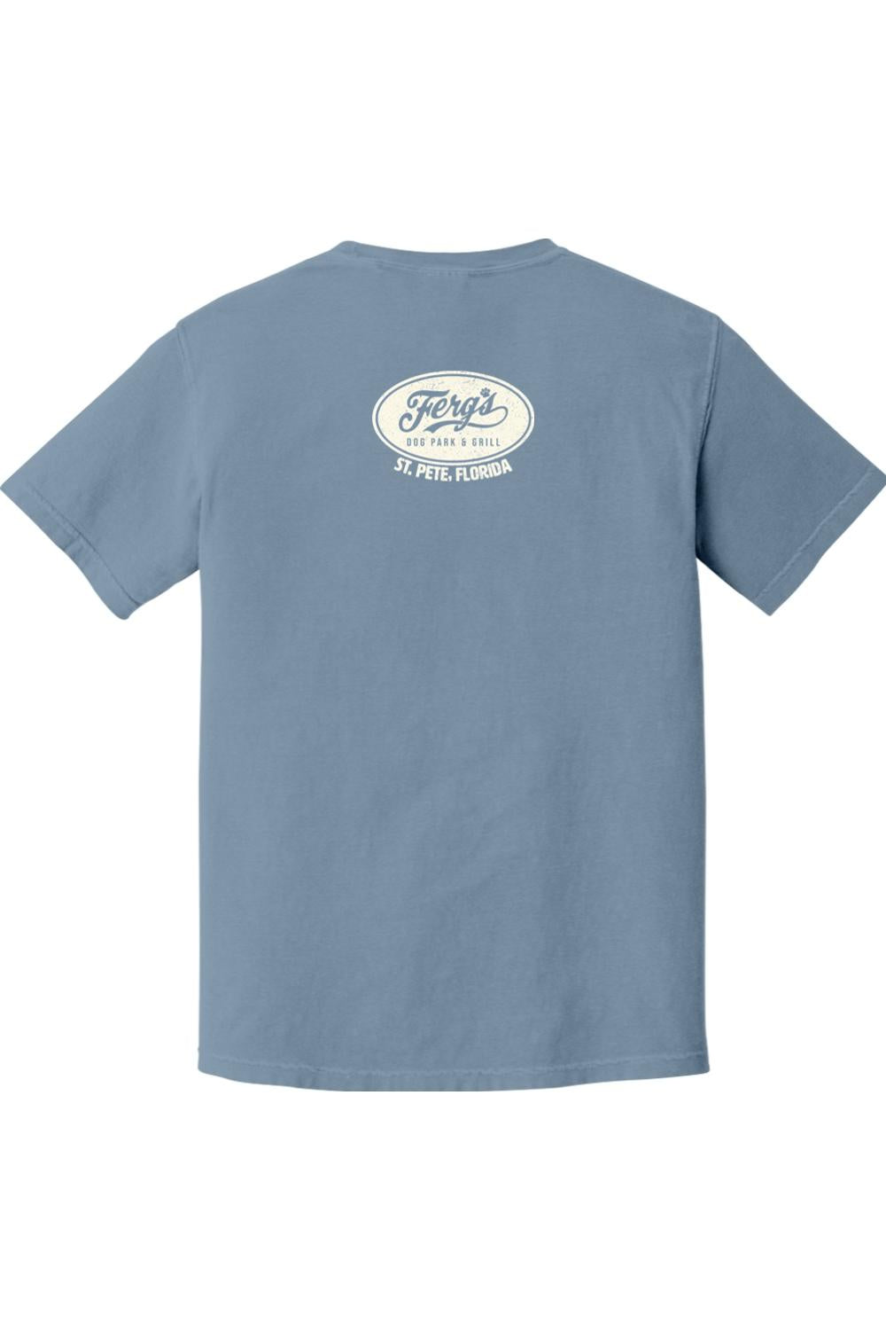 Blue Comfort Colors ringspun cotton t-shirt featuring a white Ferg's Dog Park & Grill oval logo on the back.