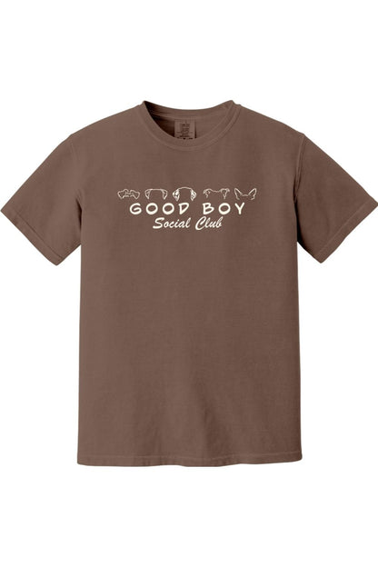 Brown Comfort Colors cotton t-shirt featuring a white Good Boy Social Club graphic with dog ear illustrations.