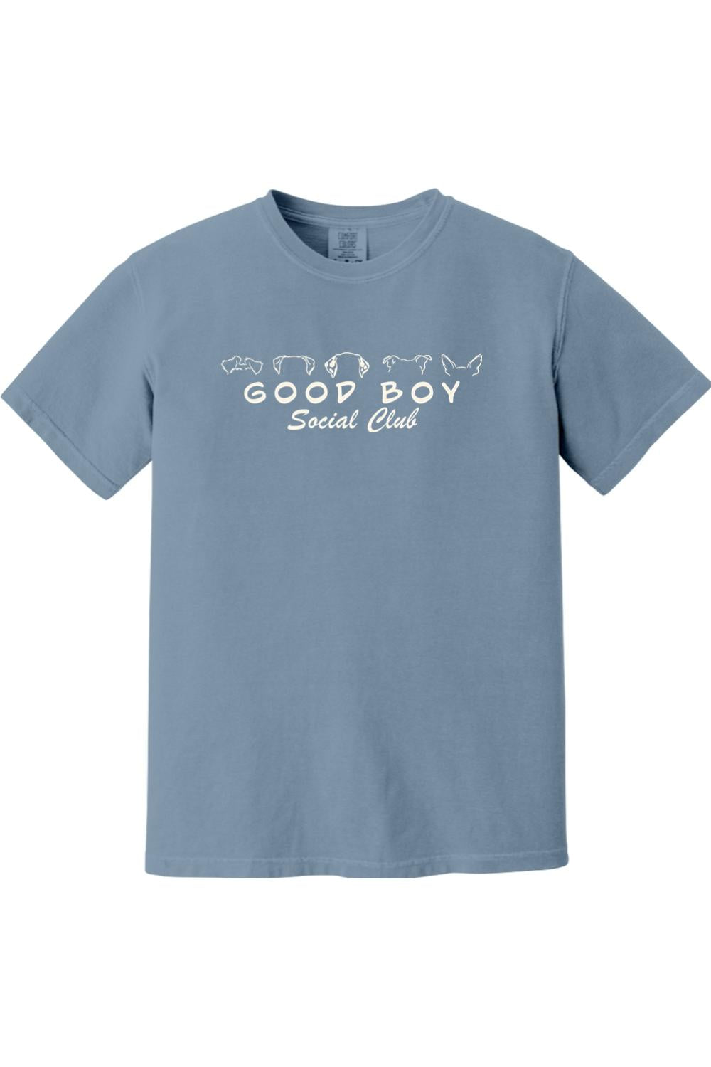 Blue Comfort Colors cotton t-shirt featuring a white Good Boy Social Club graphic with dog ear outlines.