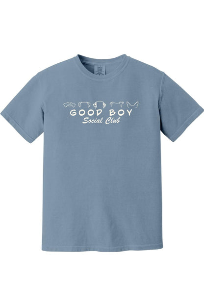 Blue Comfort Colors cotton t-shirt featuring a white Good Boy Social Club graphic with dog ear outlines.