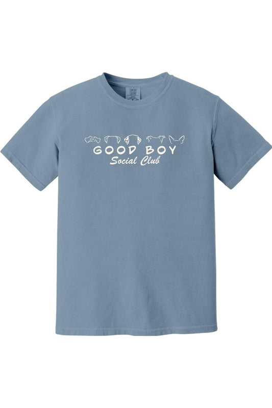 Blue Comfort Colors cotton t-shirt featuring a white Good Boy Social Club graphic with dog ear outlines.
