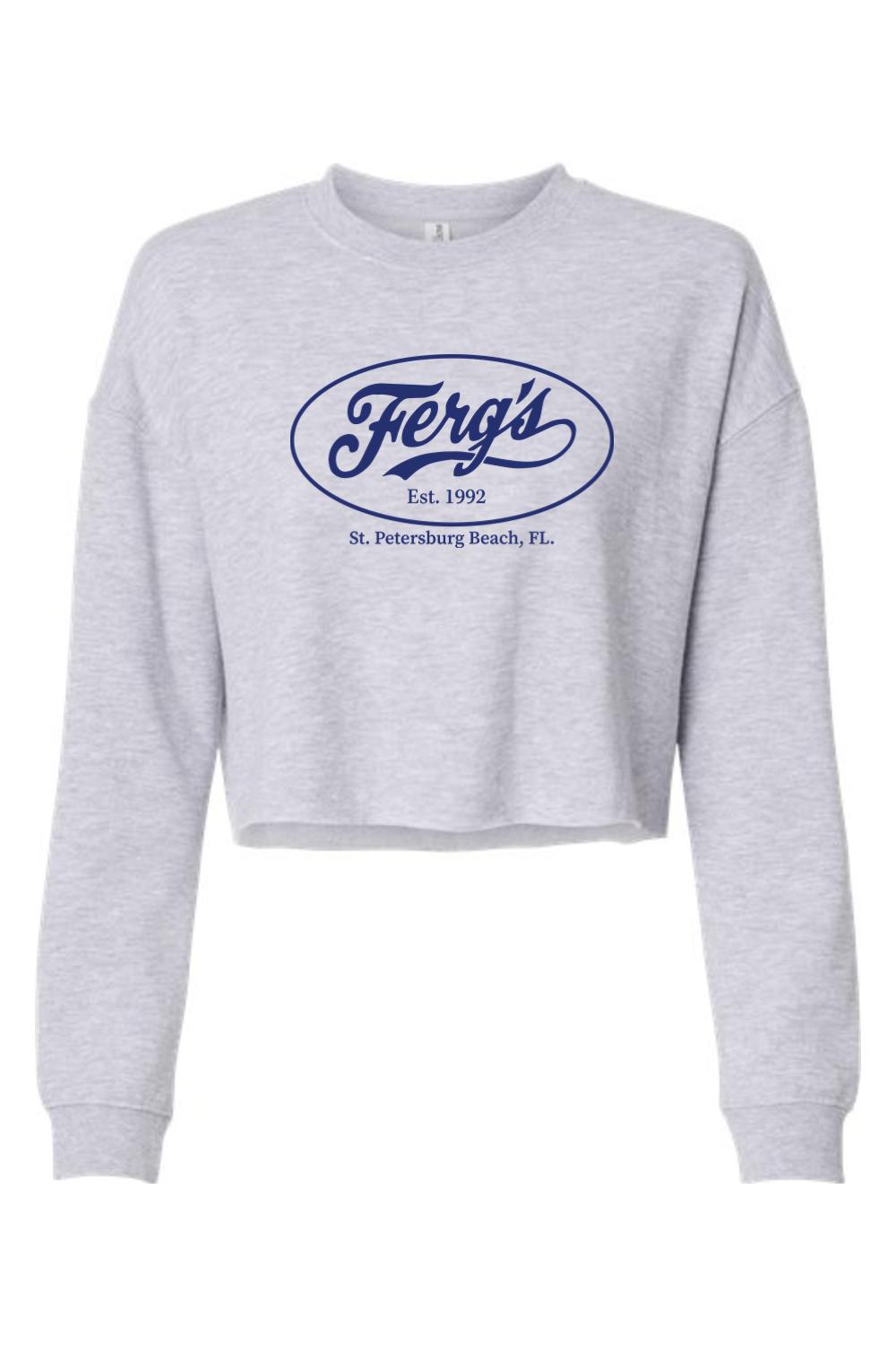 Light grey cropped crewneck sweatshirt with a blue Ferg's St. Petersburg Beach logo graphic on the chest.