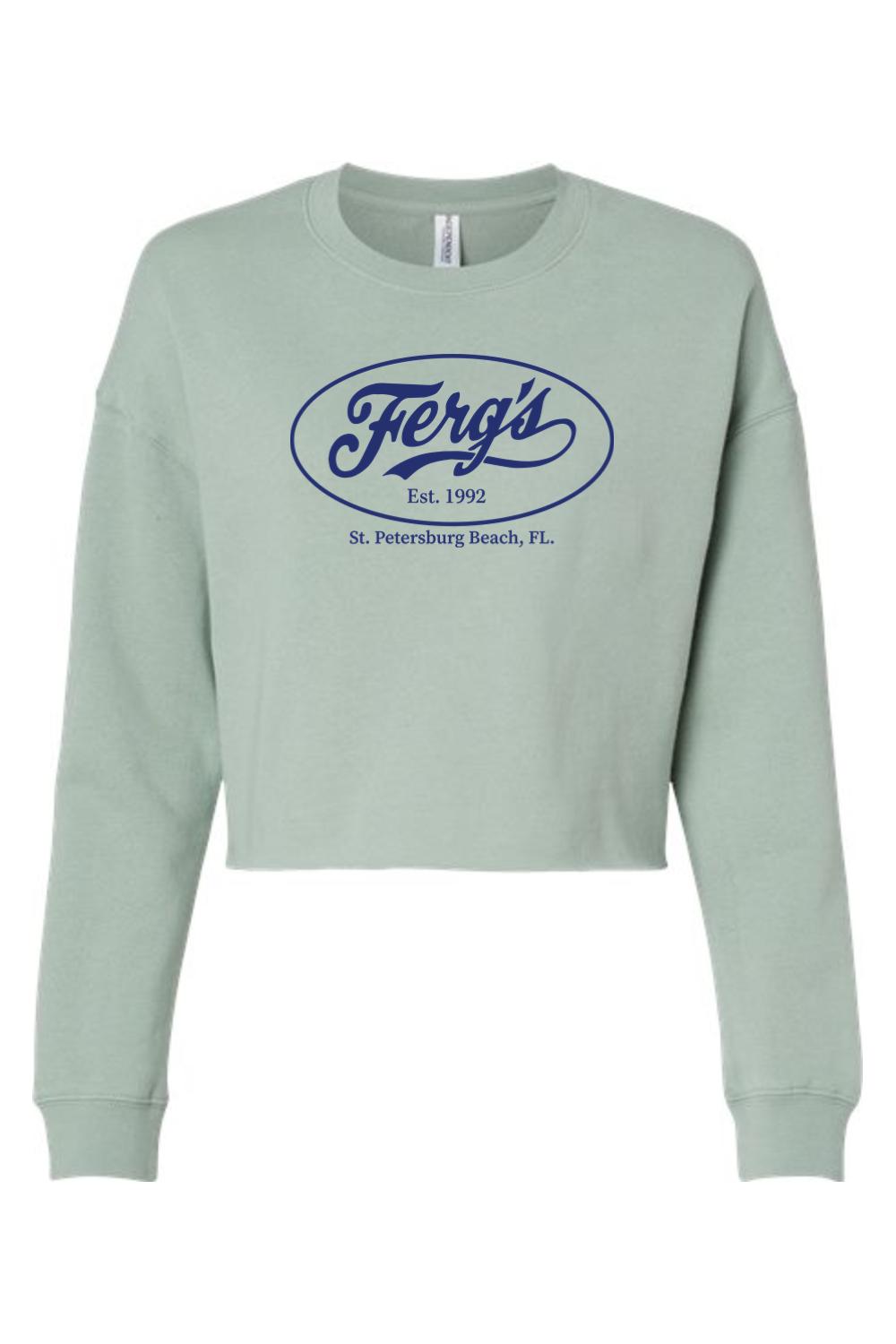 Sage green lightweight cropped crewneck sweatshirt with a navy blue Ferg's St. Petersburg Beach logo graphic.