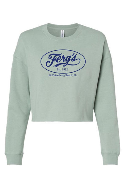 Sage green lightweight cropped crewneck sweatshirt with a navy blue Ferg's St. Petersburg Beach logo graphic.