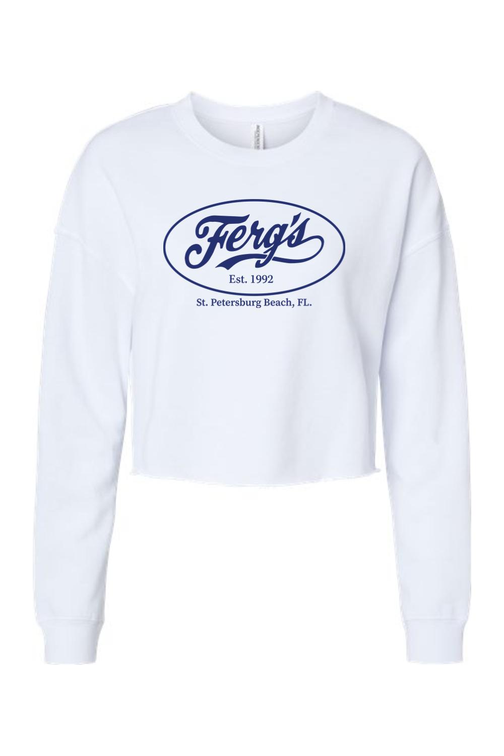 White lightweight cropped crewneck sweatshirt featuring a blue Ferg's oval logo and St. Petersburg Beach text.