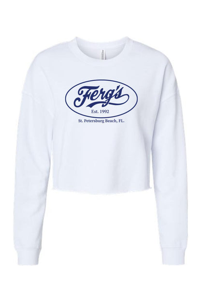 White lightweight cropped crewneck sweatshirt featuring a blue Ferg's oval logo and St. Petersburg Beach text.