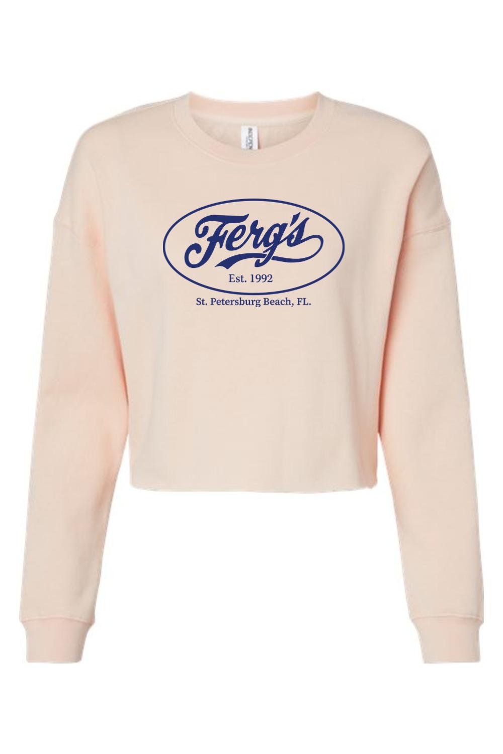 Light peach cropped crewneck sweatshirt featuring a navy blue Ferg's St. Petersburg Beach, FL oval logo print.