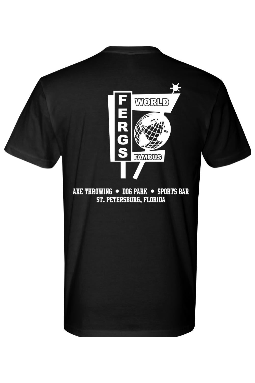 Black cotton t-shirt featuring a white Ferg's World Famous St. Petersburg logo graphic on the back.