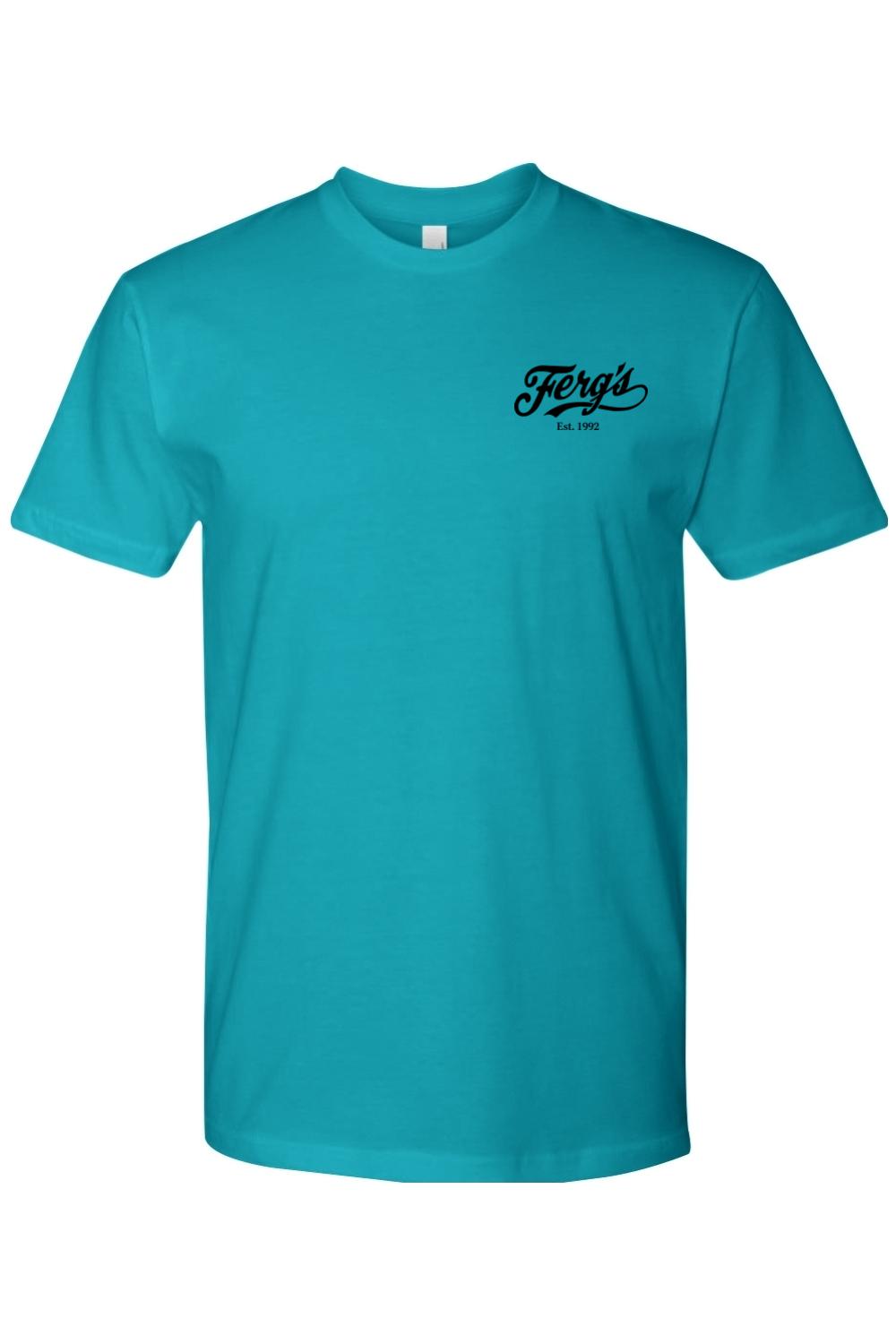 Teal short-sleeve cotton t-shirt featuring a black Ferg's Est. 1992 logo on the left chest.