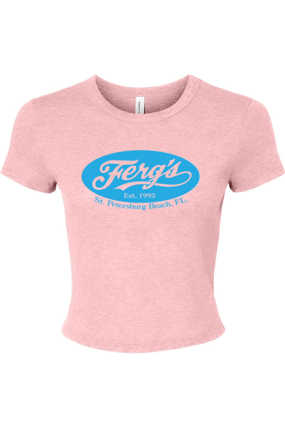 Pink micro rib baby tee featuring a blue oval Ferg's St. Petersburg Beach logo on the chest.