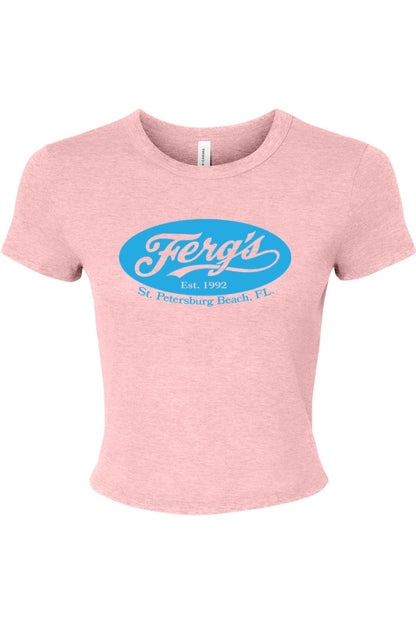 Pink micro rib baby tee featuring a blue oval Ferg's St. Petersburg Beach logo on the chest.