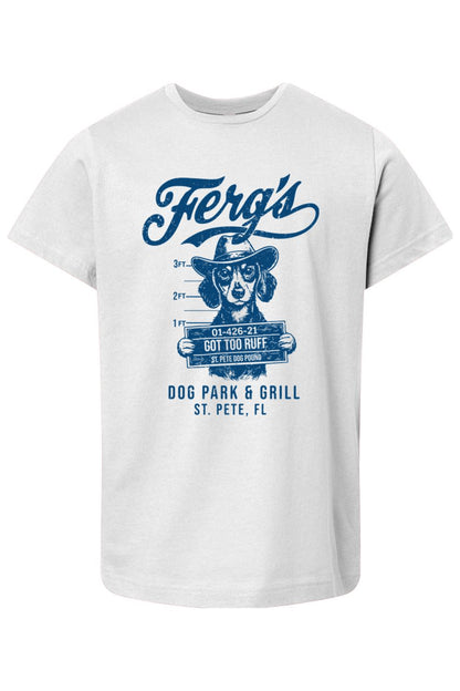 White kids' cotton t-shirt featuring a blue graphic of a dog in a cowboy hat holding a mugshot sign.