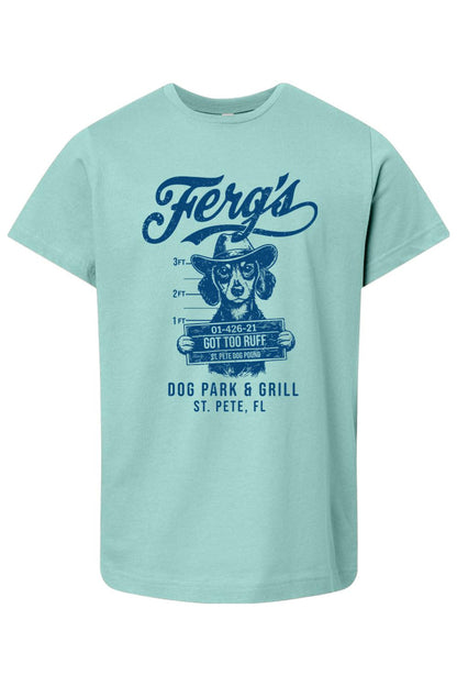 Light blue kids' cotton t-shirt featuring a mugshot-style graphic of a dog in a cowboy hat with Ferg's branding.